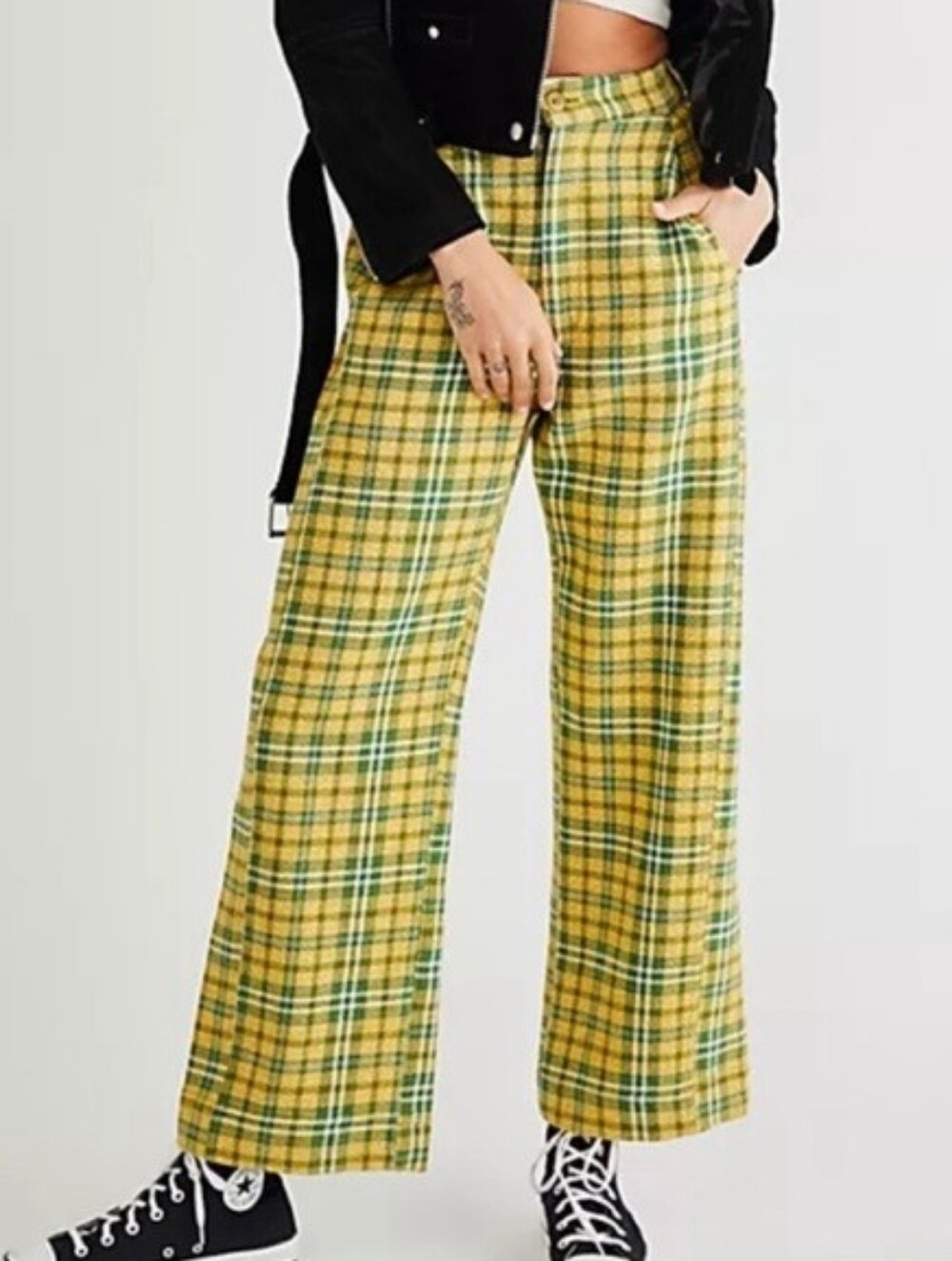 Free People Shape Up Plaid Trousers High Rise Straight Pants Yellow Green 12